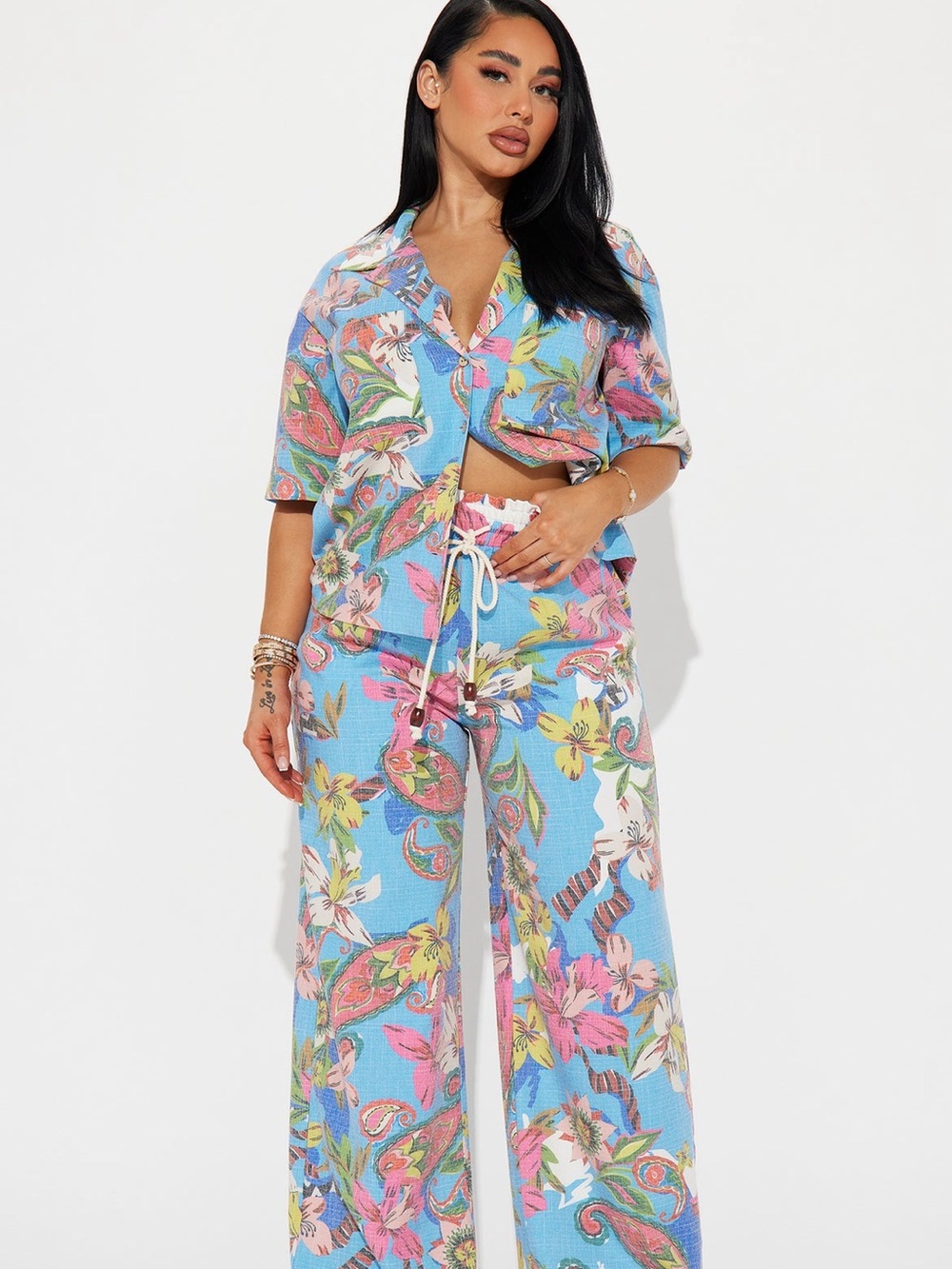 Fashion Nova Blue Multi Floral Wide-Leg Set